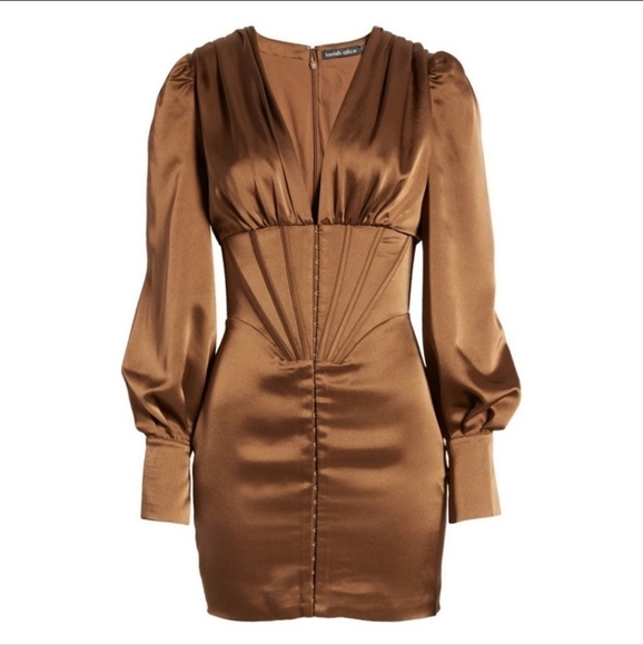 Lavish Alice Nevaeh Satin Balloon Sleeve Corset Mini Dress Chocolate Brown 4 - Picture 1 of 12